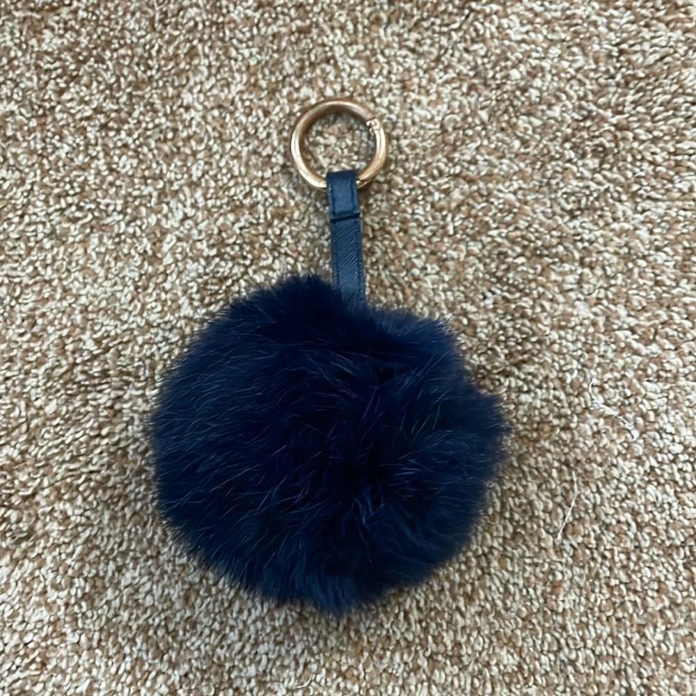 Black furry pom-pom ball keychain, purse accessory or backpack clip